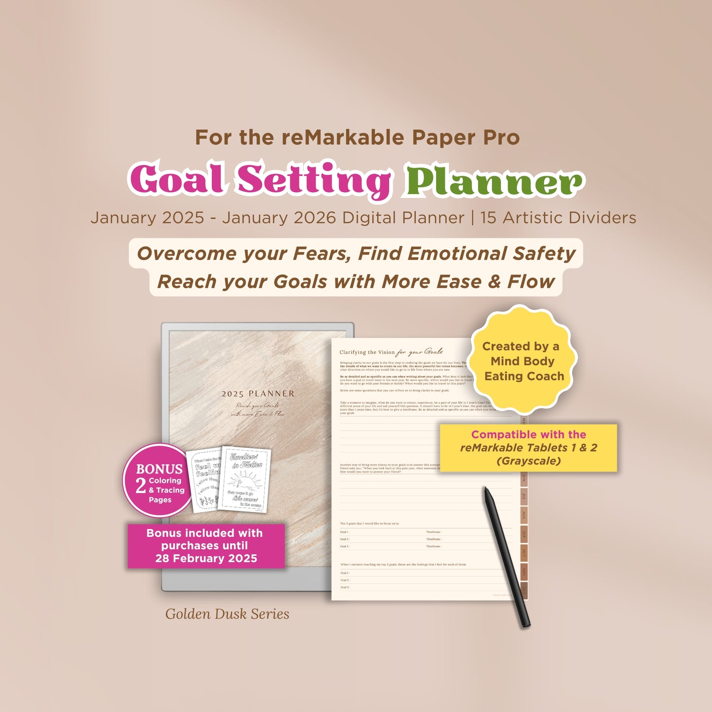 2025 Goals with Flow Digital Planner for reMarkable Paper Pro Tablet - Golden Dusk Series
