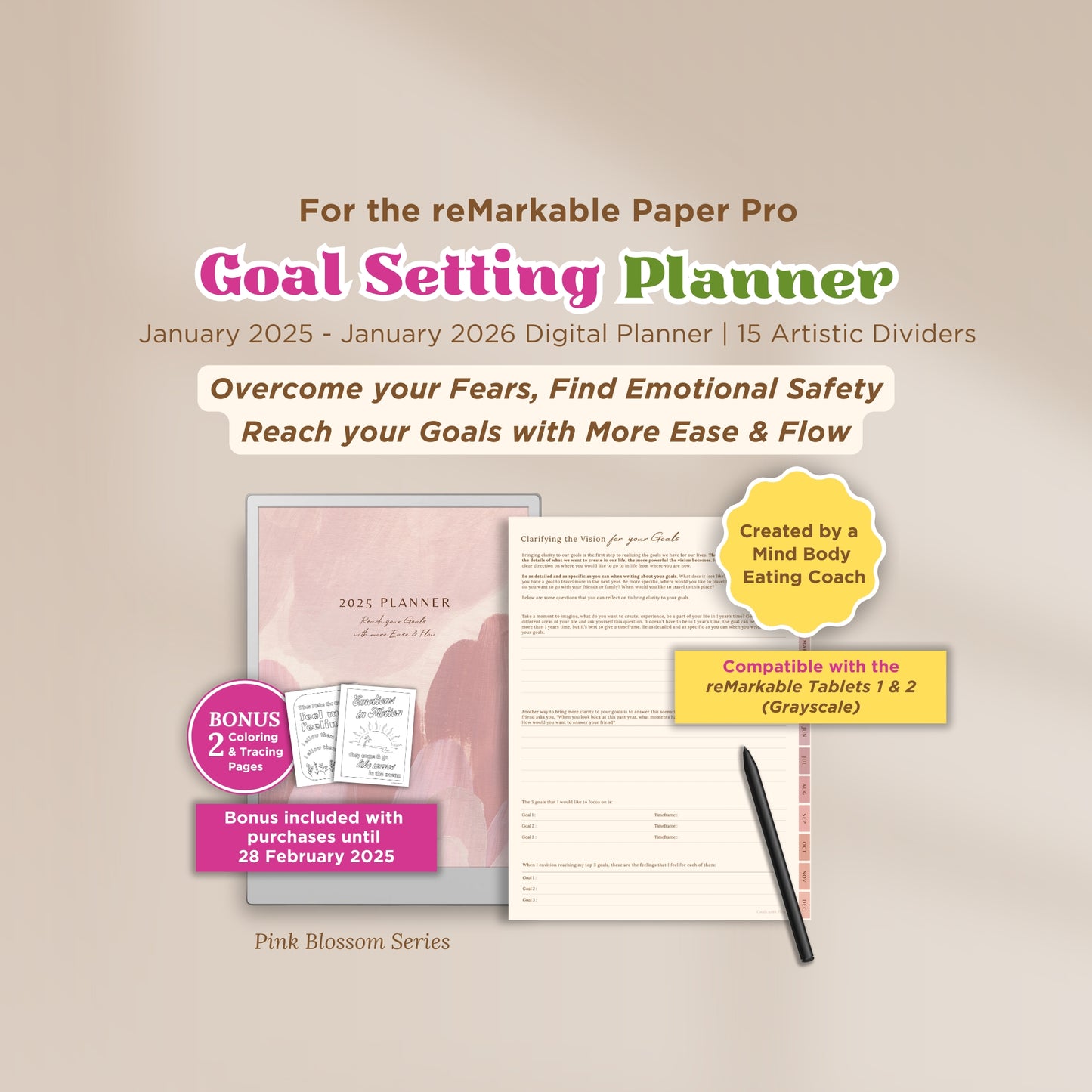 2025 Goals with Flow Digital Planner for reMarkable Paper Pro Tablet - Pink Blossom Series
