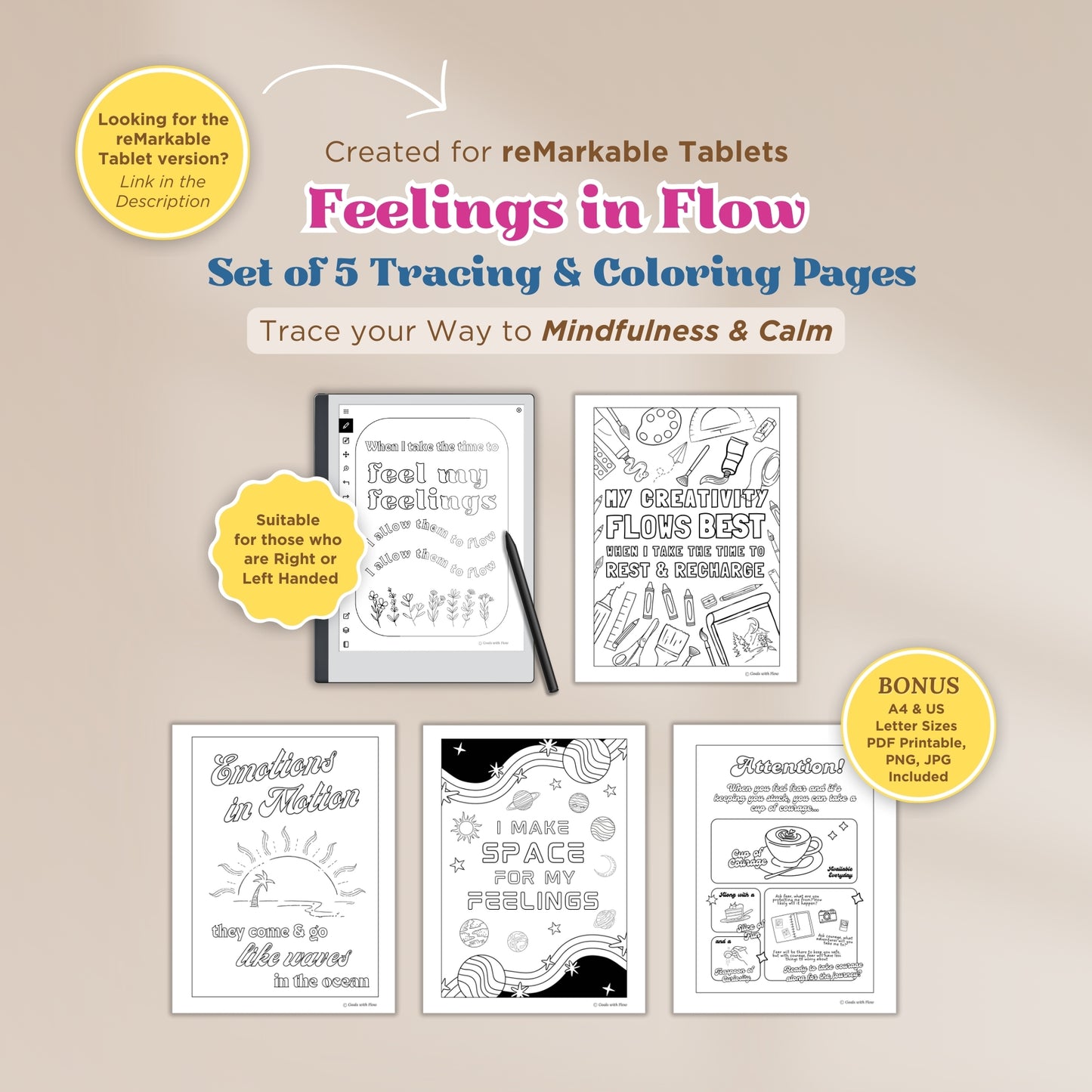 Feelings in Flow Set of 5 Coloring Pages - for Ipad (Digital & Printable)