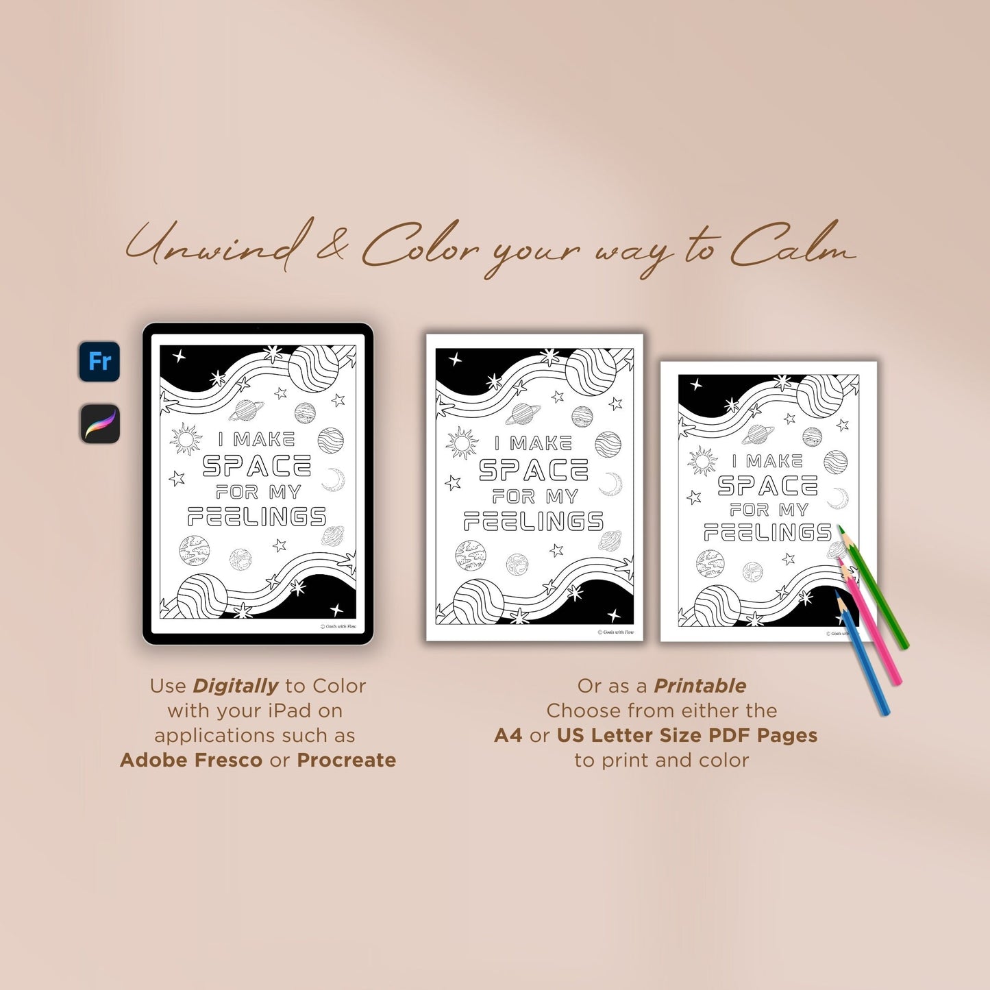 Outer Space / I Make Space for my Feelings Coloring Page - for Ipad (Digital & Printable)