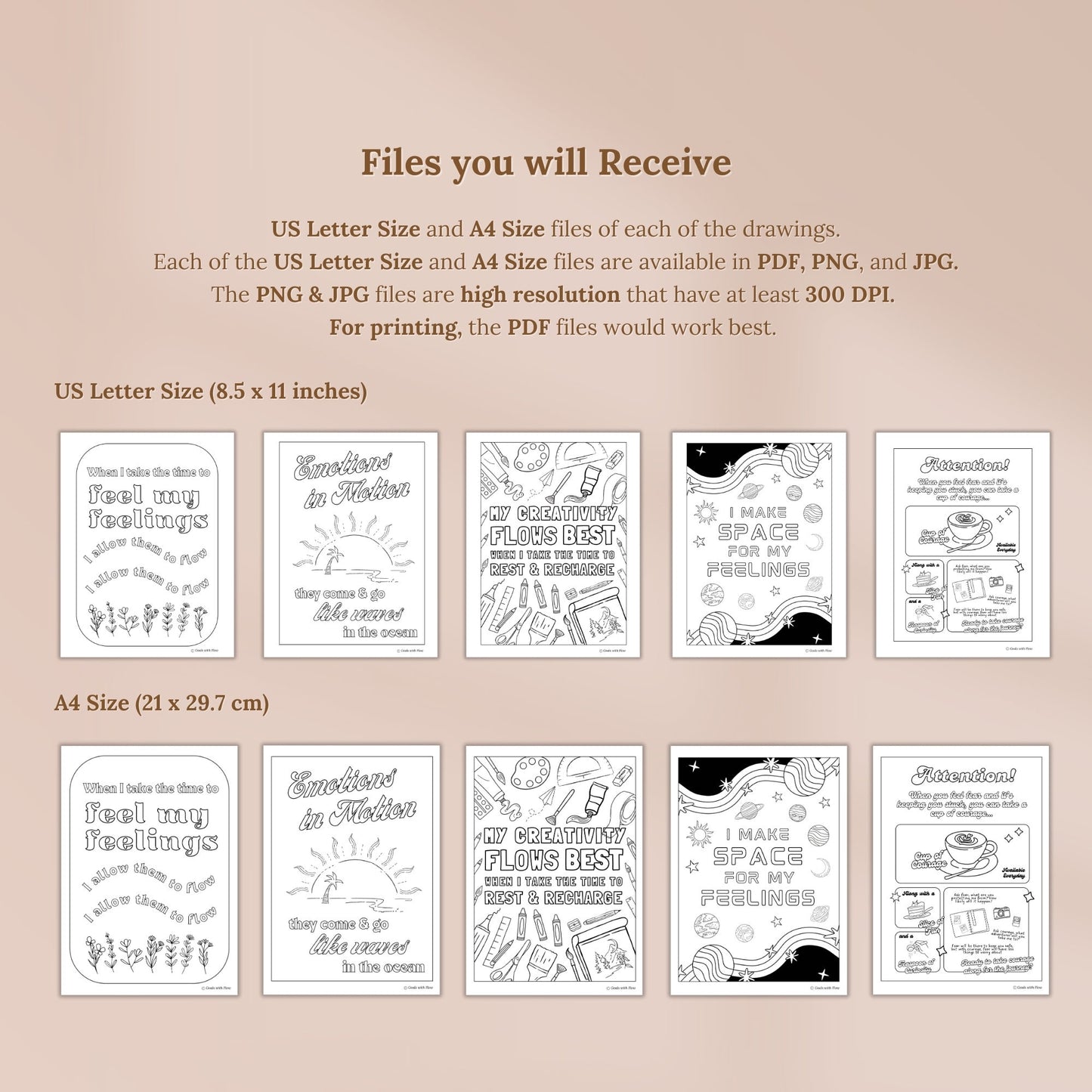 Feelings in Flow Set of 5 Coloring Pages - for Ipad (Digital & Printable)