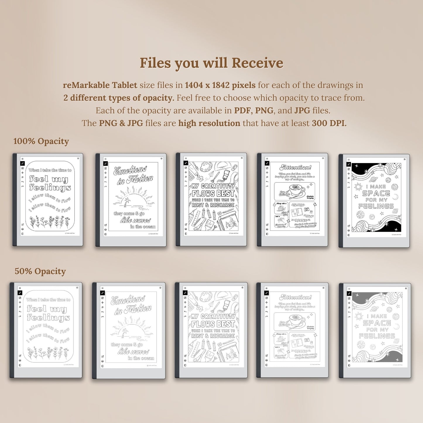 Feelings in Flow Set of 5 Tracing Pages - for reMarkable Tablet (Digital & Printable)