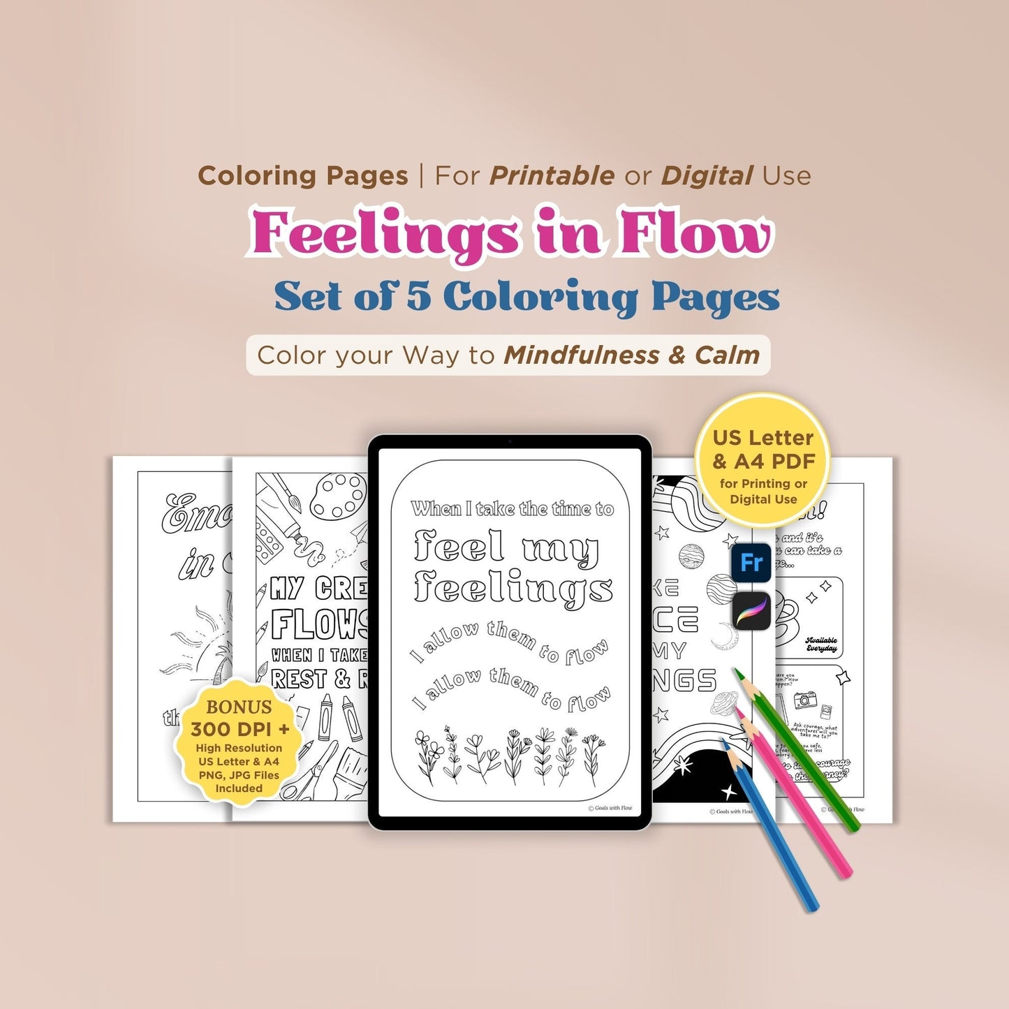 Feelings in Flow Set of 5 Coloring Pages - for Ipad (Digital & Printable)